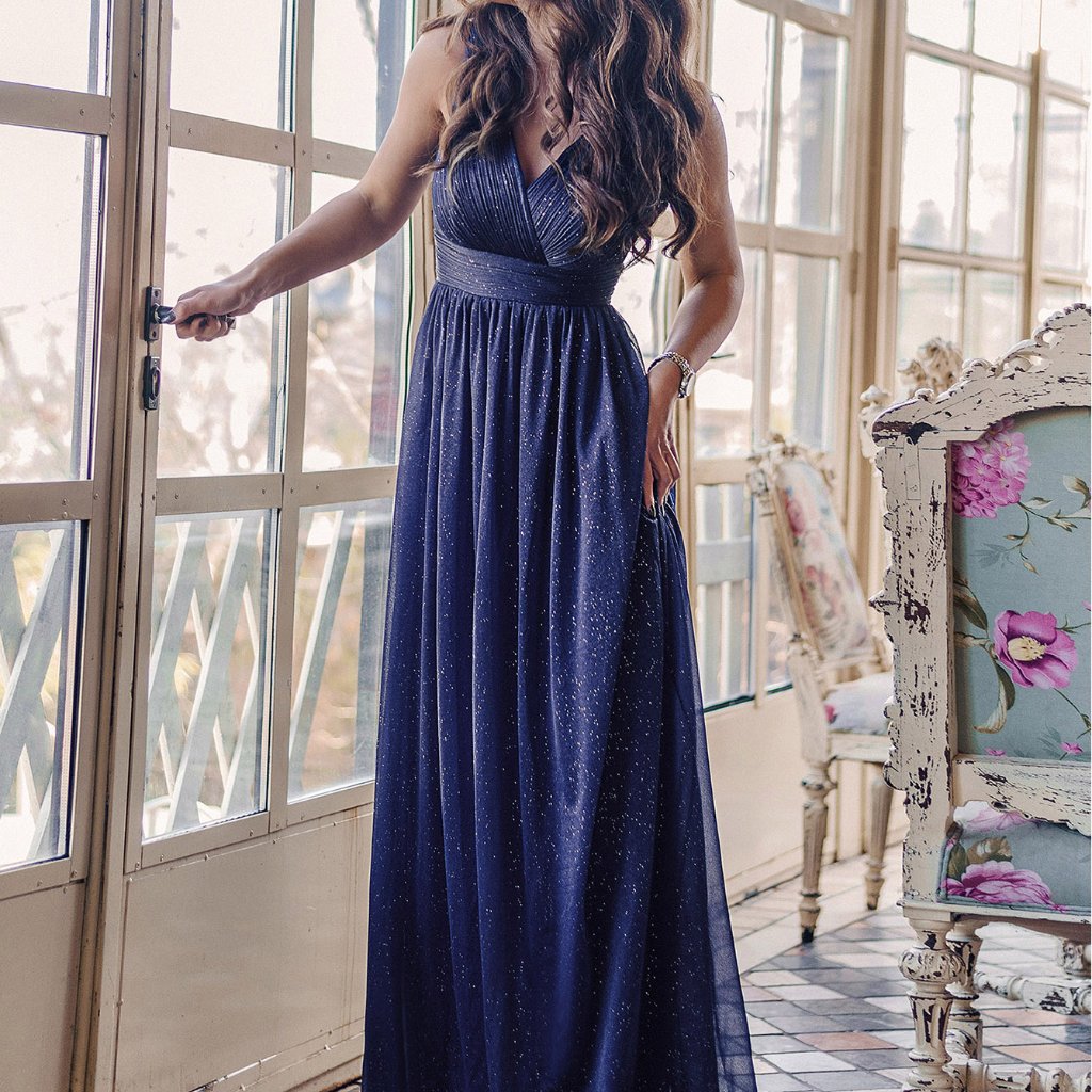 New Double V Neck Ruched Bodice Prom Dress Navy Blue